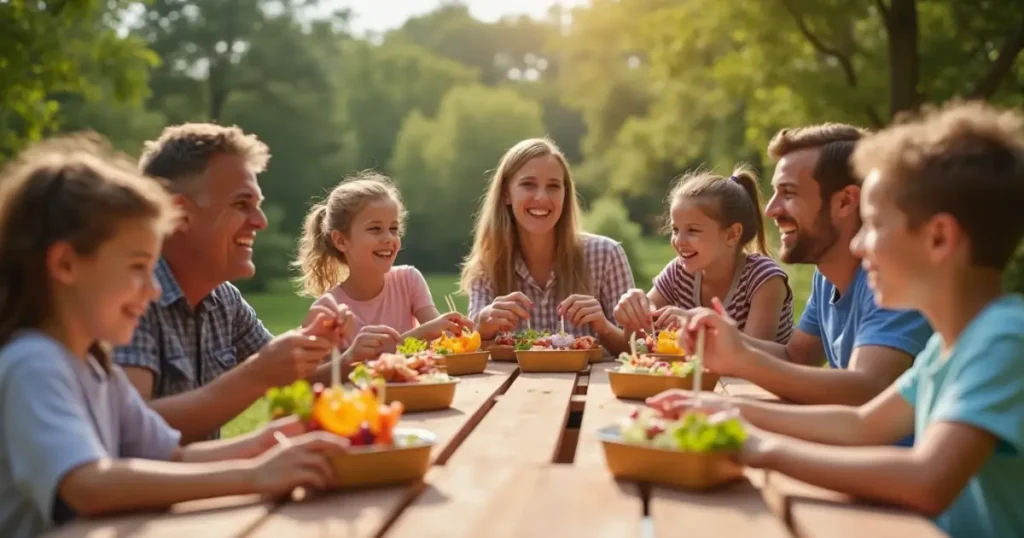 Family enjoying homemade Lunchables together at a picnic table outdoors, with fresh ingredients in snack boxes