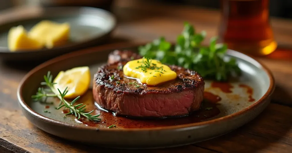 Grilled steak with melting cowboy butter on a rustic plate, served with herbs and lemon.
