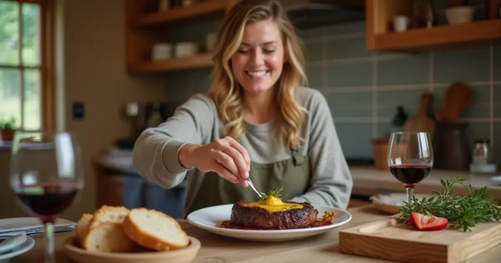 A woman in a cozy kitchen serving steak with cowboy butter recipe, drizzling the rich sauce over the dish.