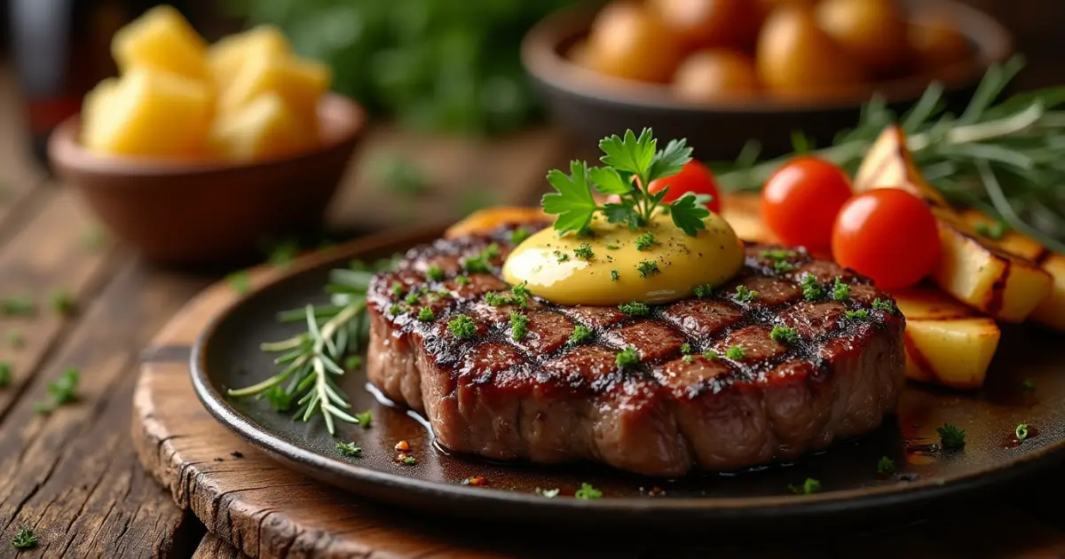 Grilled steak with cowboy butter seasoning and roasted vegetables served on a rustic wooden table.