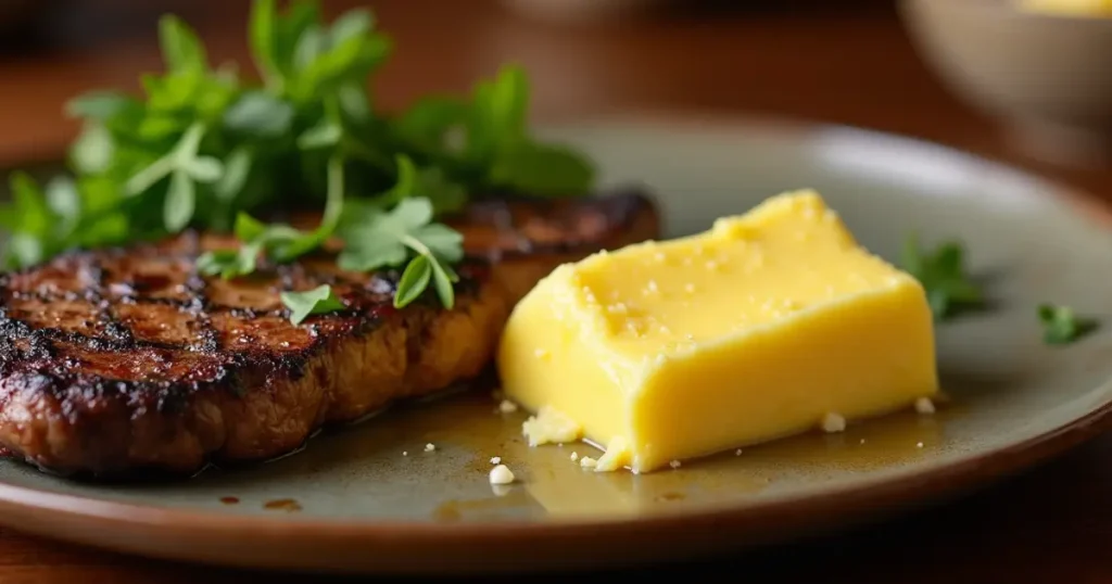 Close-up of cowboy butter on a plate with grilled steak and herbs.how to make cowboy butter​