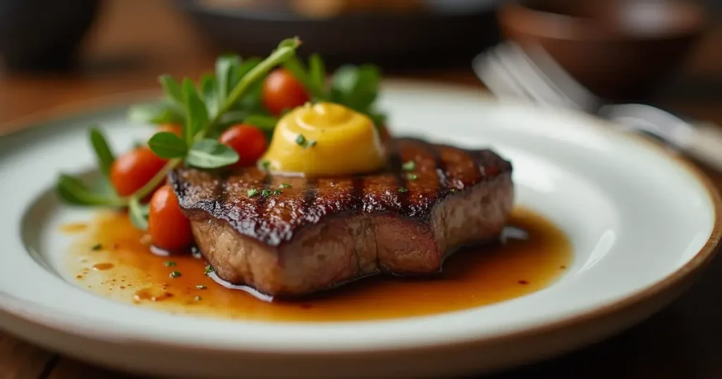 A beautifully plated steak with cowboy butter, roasted vegetables, and a rustic kitchen background.cowboy butter ingredients​