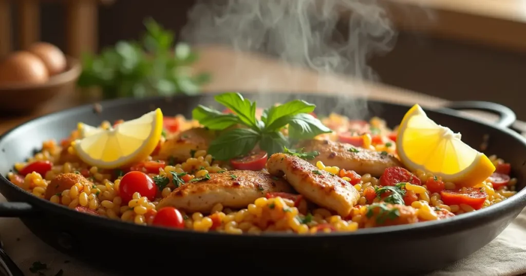 Plated and ready-to-serve chicken paella recipe
, garnished with fresh herbs and lemon wedges, steaming and delicious