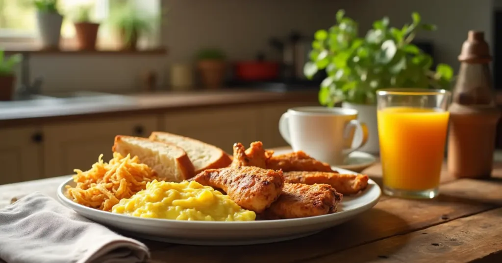 Delicious chicken breakfast recipes with eggs, toast, and coffee.