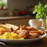 Delicious chicken breakfast recipes with eggs, toast, and coffee.