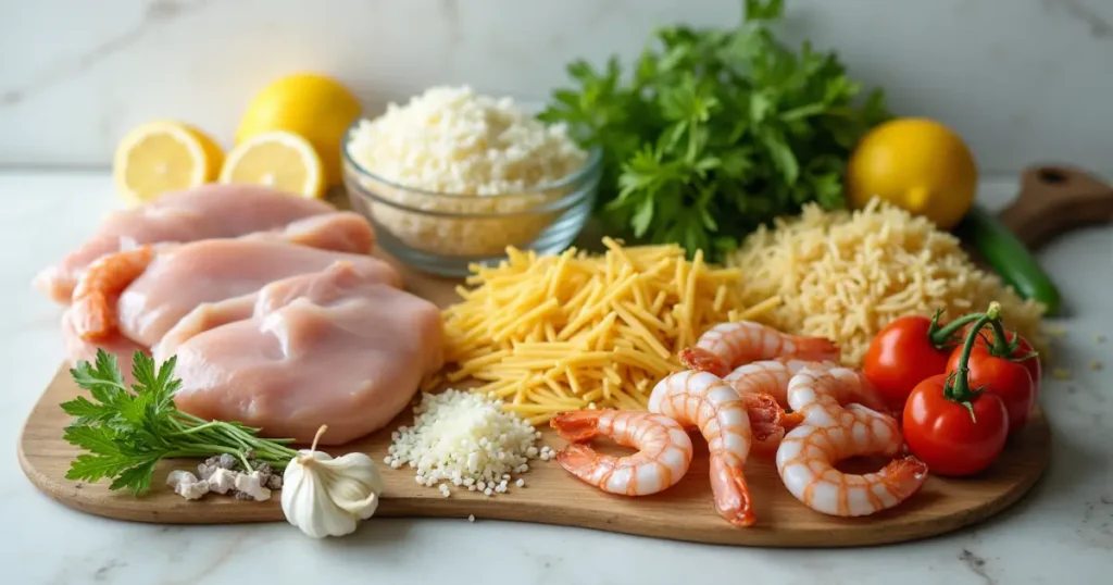 Ingredients for a chicken and shrimp recipe on a clean kitchen counter, including shrimp, chicken, rice pasta, and vegetables