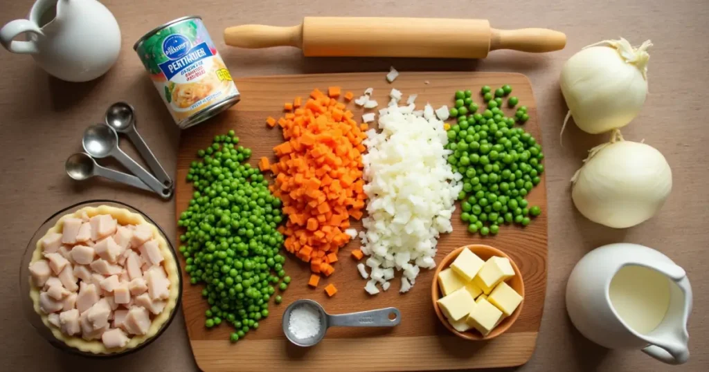 Ingredients for Pillsbury Chicken Pot Pie arranged on a wooden board