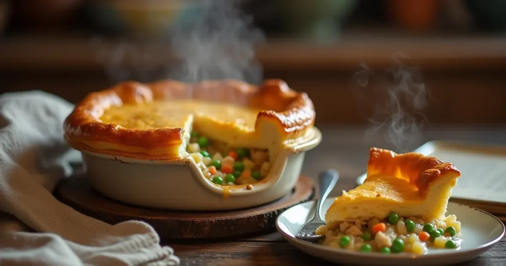 Golden, flaky chicken pot pie with a creamy filling on a rustic wooden table.