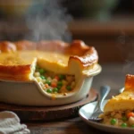 Golden, flaky chicken pot pie with a creamy filling on a rustic wooden table.