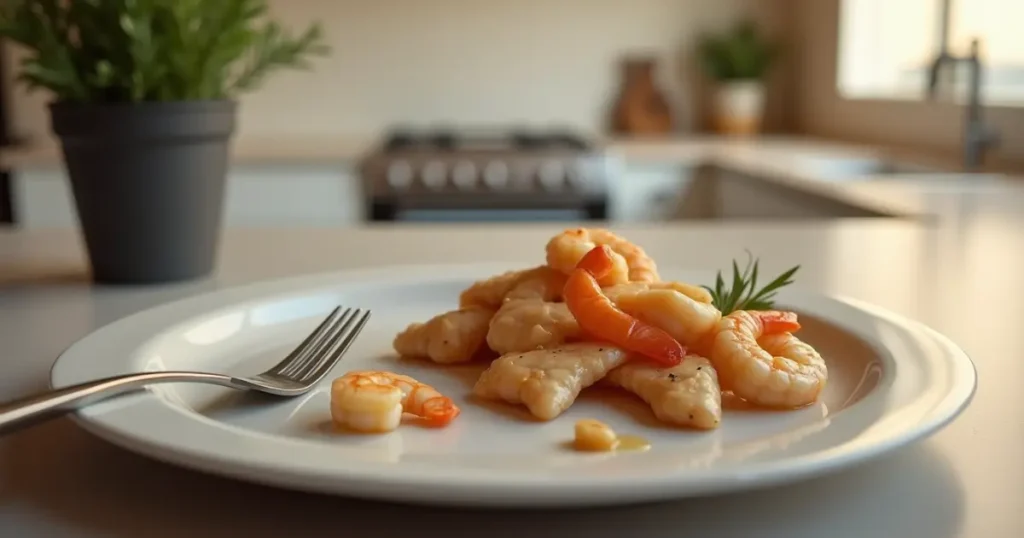 Empty plate with remnants of chicken and shrimp recipes , fork on the side, in a cozy kitchen setting