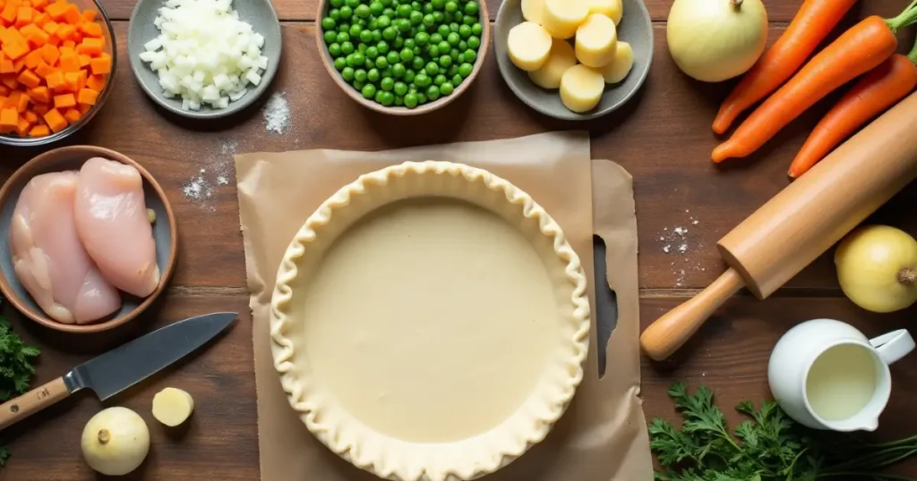  Fresh ingredients for chicken pot pie, including chicken, vegetables, and pie crust.