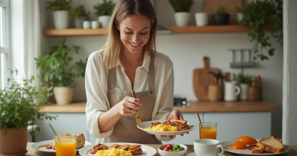 A woman serving a homemade chicken breakfast recipes in a cozy kitchen.