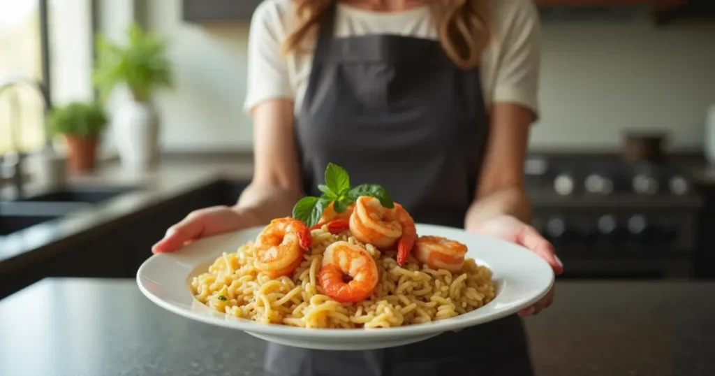 A woman serving a delicious chicken and shrimp recipes
dish with rice pasta in a modern kitchen