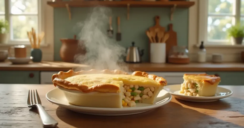 Golden-brown pillsbury chicken pot pie recipe on a rustic wooden table with a slice ready to serve