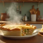 Golden-brown pillsbury chicken pot pie recipe on a rustic wooden table with a slice ready to serve