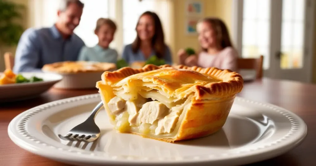 A plated slice of Pillsbury Chicken Pot Pie with a golden crust and creamy filling