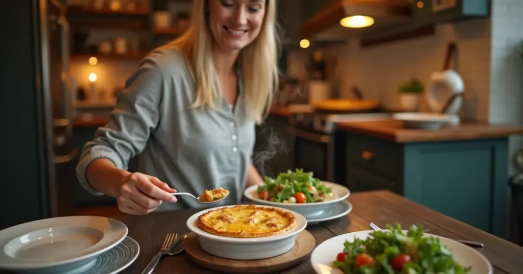 A woman serving hot chicken pot pie onto a plate in a cozy kitchen.