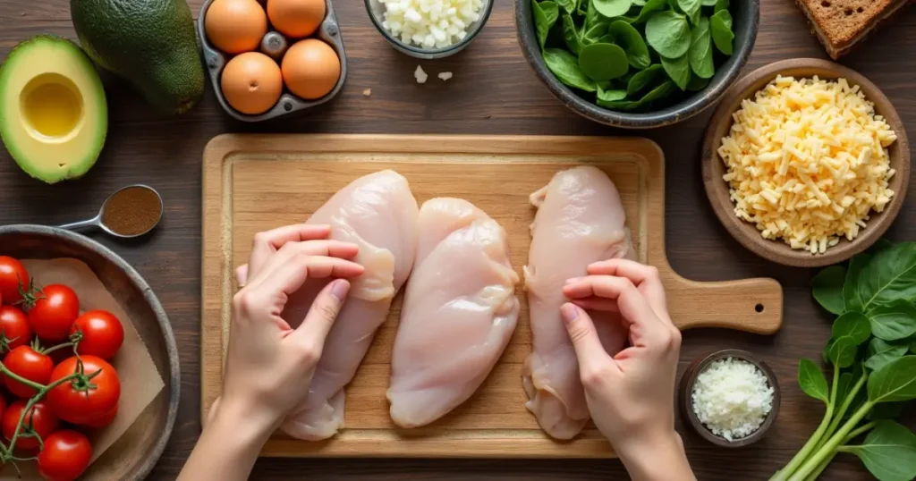 Fresh ingredients for a chicken breakfast recipes, including eggs and veggies