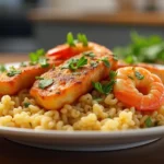 Delicious chicken and shrimp recipes served with rice pasta on a white plate in a modern kitchen.