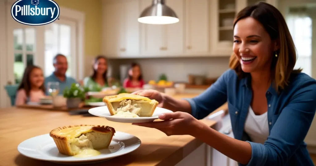 A woman serving a warm slice of Pillsbury Chicken Pot Pie in a cozy kitchen