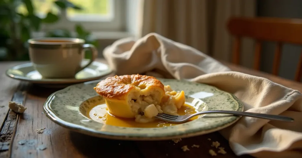 A partially eaten chicken pot pie on a rustic table with warm lighting