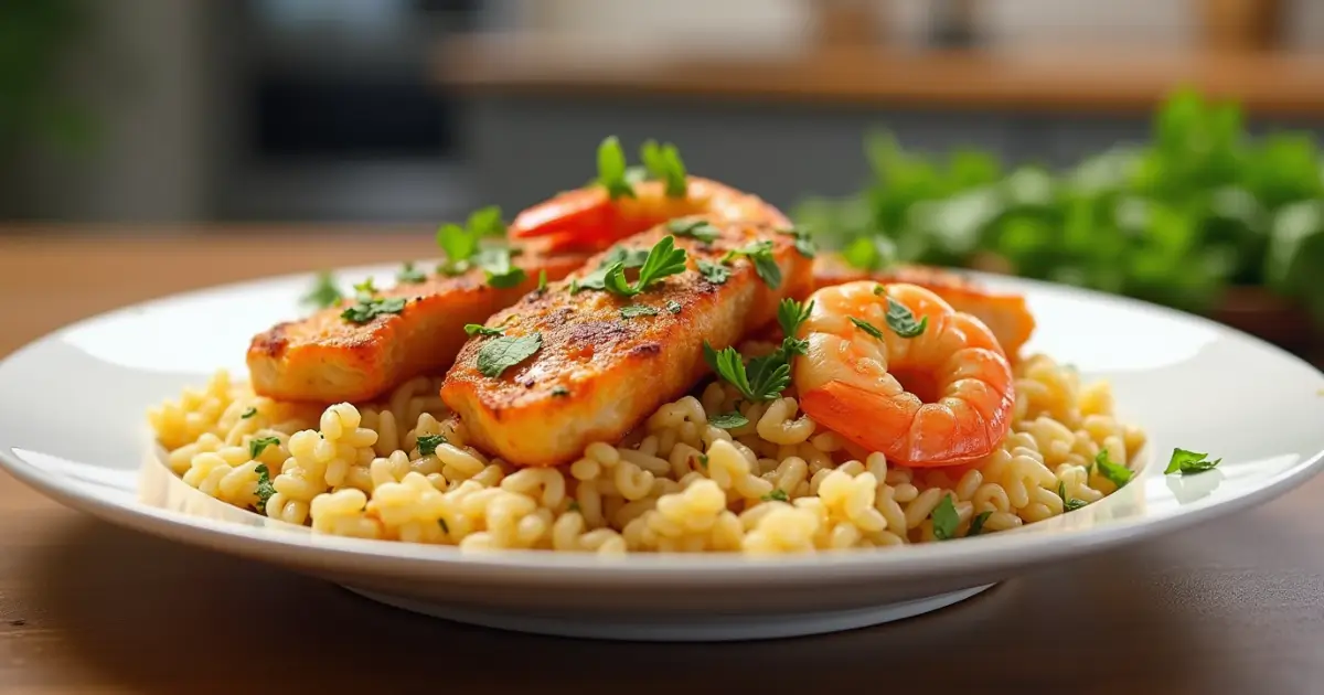 Delicious chicken and shrimp recipes served with rice pasta on a white plate in a modern kitchen.